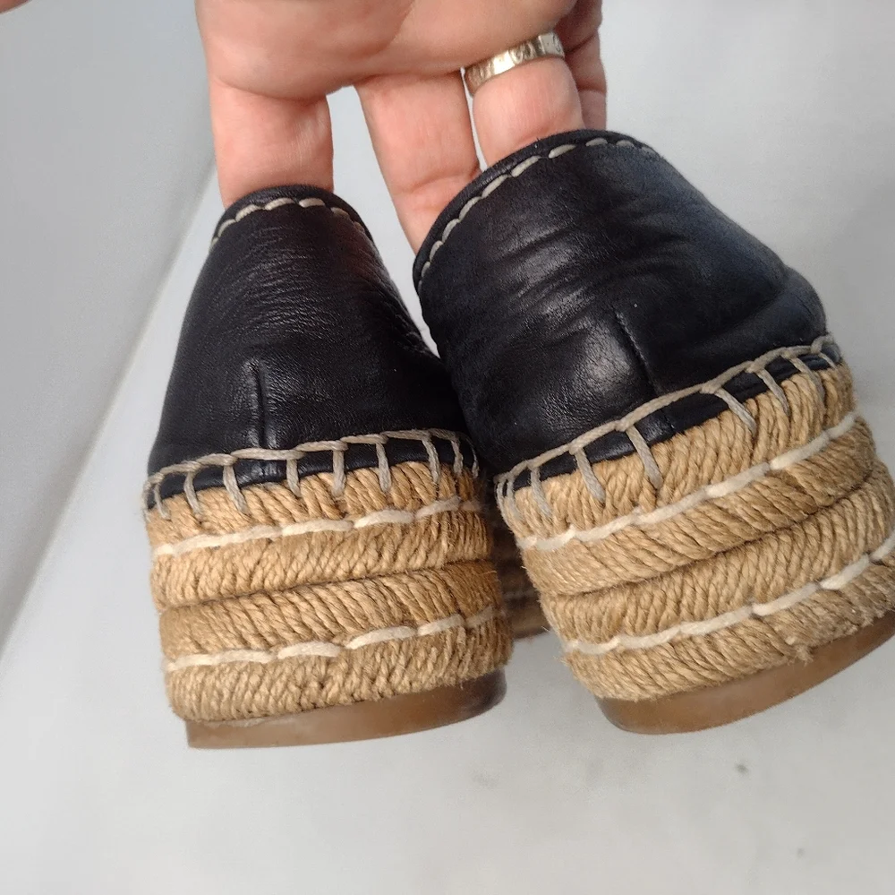 Prada Womens Platform Espadrille Flats Leather Open Toe 39 Black B2